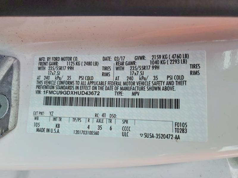 51469976 :رقم المزاد ، 1FMCU9GDXHUD43672 vin ، 2017 Ford Escape مزاد بيع