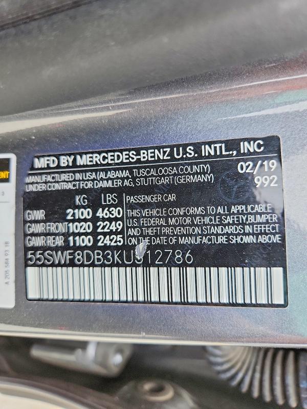 2019 Mercedes-benz C მანქანა იყიდება აუქციონზე, vin: 55SWF8DB3KU312786, აუქციონის ნომერი: 48176046