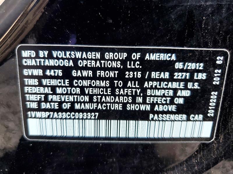 Aukcja sprzedaży 2012 Volkswagen Passat, vin: 1VWBP7A33CC093327, numer aukcji: 49752196