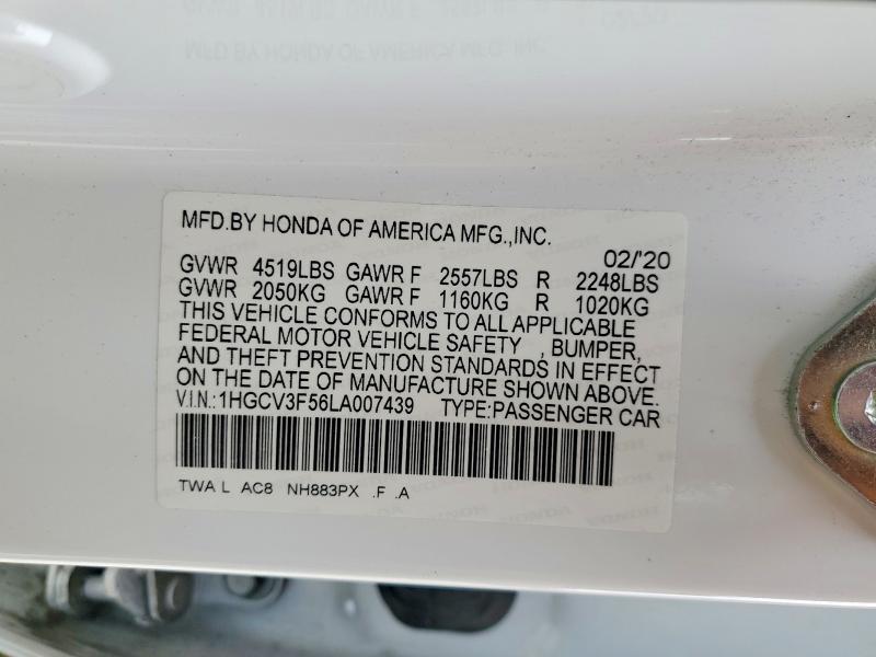 Продаж на аукціоні авто 2020 Honda Accord, vin: 1HGCV3F56LA007439, номер лоту: 48490426