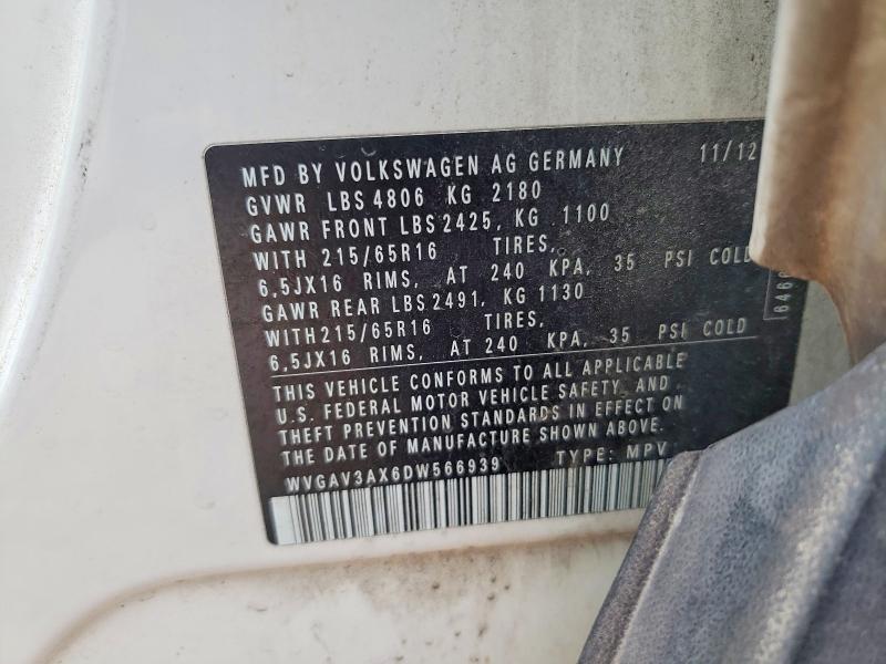 51462066 :رقم المزاد ، WVGAV3AX6DW566939 vin ، 2013 Volkswagen Tiguan مزاد بيع