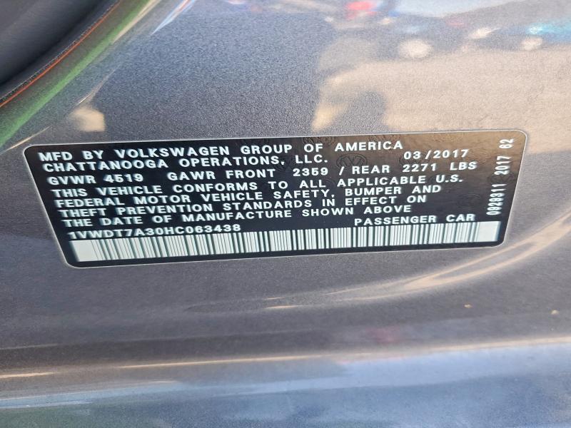 Продажа на аукционе авто 2017 Volkswagen Passat, vin: 1VWDT7A30HC063438, номер лота: 51561806