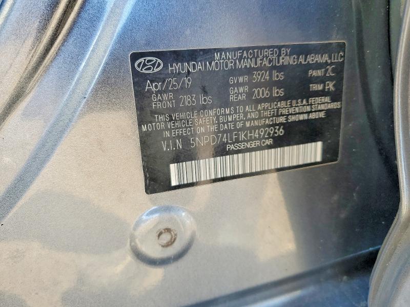 2019 Hyundai Elantra მანქანა იყიდება აუქციონზე, vin: 5NPD74LF1KH492936, აუქციონის ნომერი: 49154146