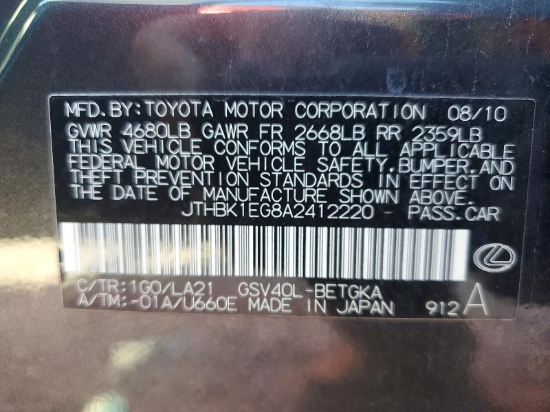 Продаж на аукціоні авто 2010 Lexus Es 350, vin: JTHBK1EG8A2412220, номер лоту: 50164796