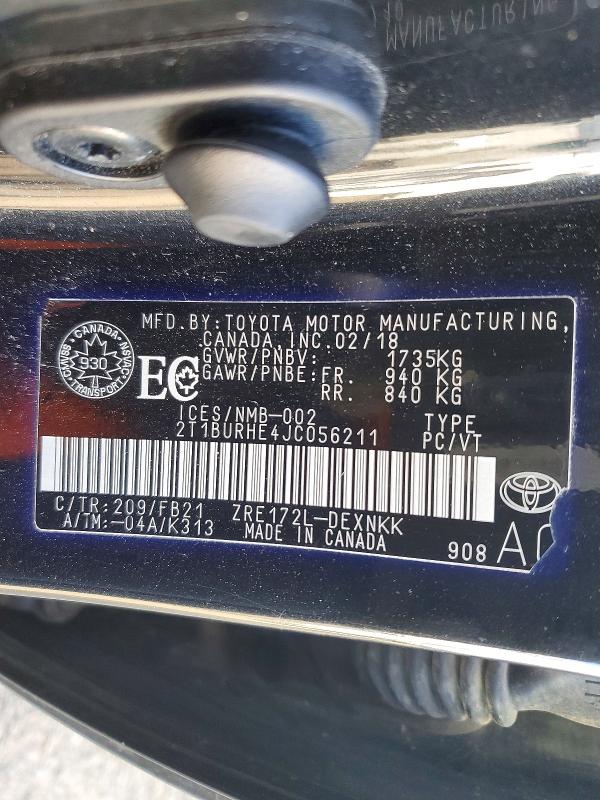 2018 Toyota Corolla მანქანა იყიდება აუქციონზე, vin: 2T1BURHE4JC056211, აუქციონის ნომერი: 51548756