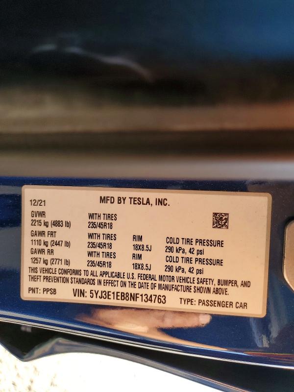 50619766 :رقم المزاد ، 5YJ3E1EB8NF134763 vin ، 2022 Tesla Model 3 مزاد بيع