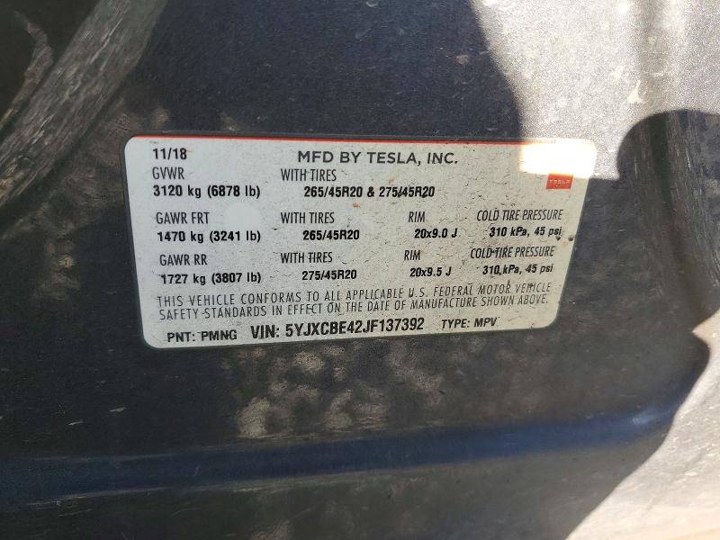 2018 Tesla Model X მანქანა იყიდება აუქციონზე, vin: 5YJXCBE42JF137392, აუქციონის ნომერი: 49412126