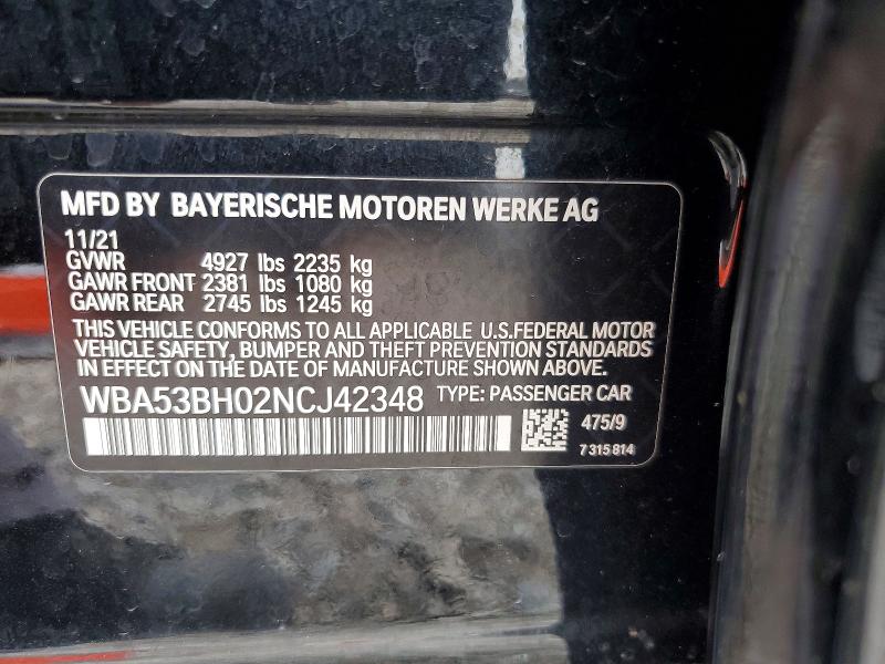 51152926 :رقم المزاد ، WBA53BH02NCJ42348 vin ، 2022 Bmw 530 مزاد بيع