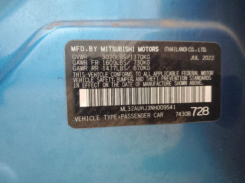 Aukcja sprzedaży 2022 Mitsubishi Mirage, vin: ML32AUHJ3NH009541, numer aukcji: 49858046