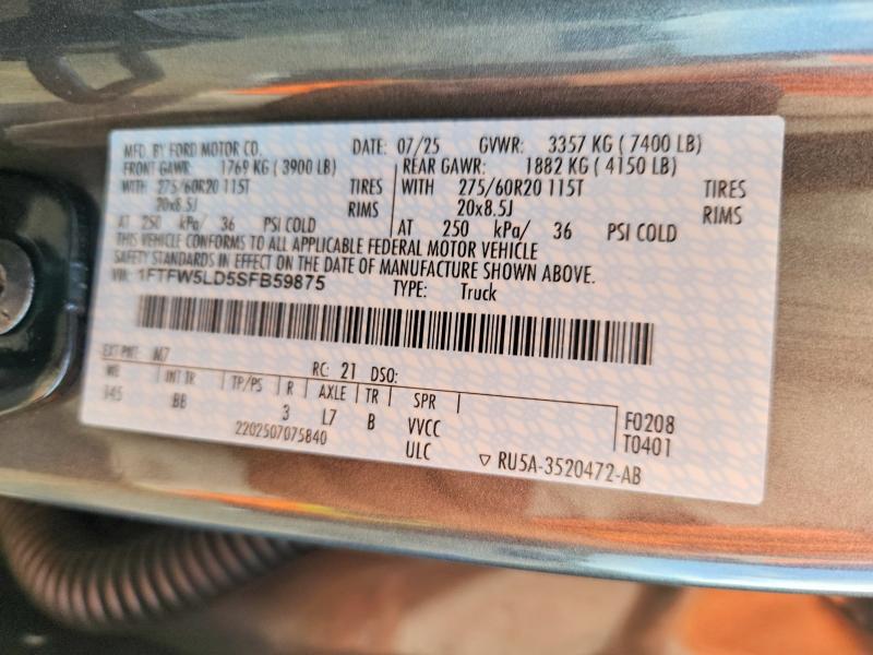 Aukcja sprzedaży 2025 Ford F150, vin: 1FTFW5LD5SFB59875, numer aukcji: 48530706