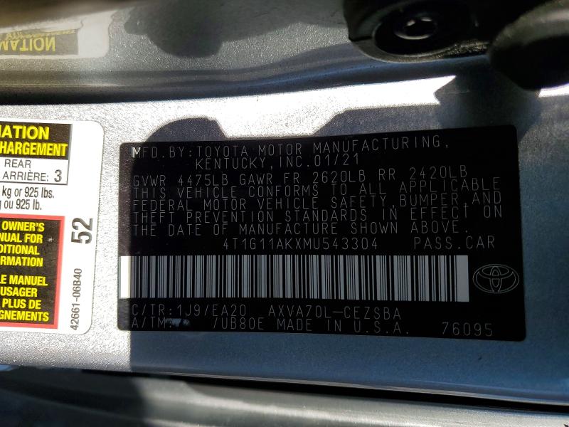 Продаж на аукціоні авто 2021 Toyota Camry, vin: 4T1G11AKXMU543304, номер лоту: 49455216