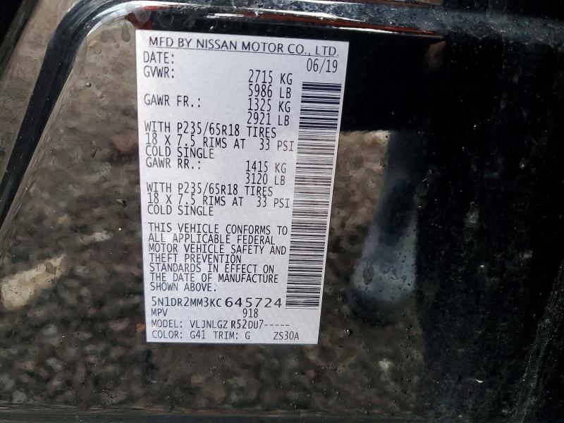 48742326 :رقم المزاد ، 5N1DR2MM3KC645724 vin ، 2019 Nissan Pathfinder مزاد بيع