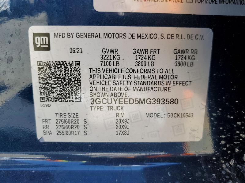 Aukcja sprzedaży 2021 Chevrolet Silverado, vin: 3GCUYEED5MG393580, numer aukcji: 51297676