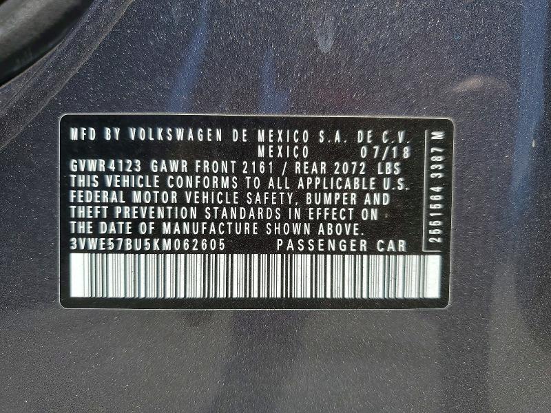 2019 Volkswagen Jetta მანქანა იყიდება აუქციონზე, vin: 3VWE57BU5KM062605, აუქციონის ნომერი: 50490746