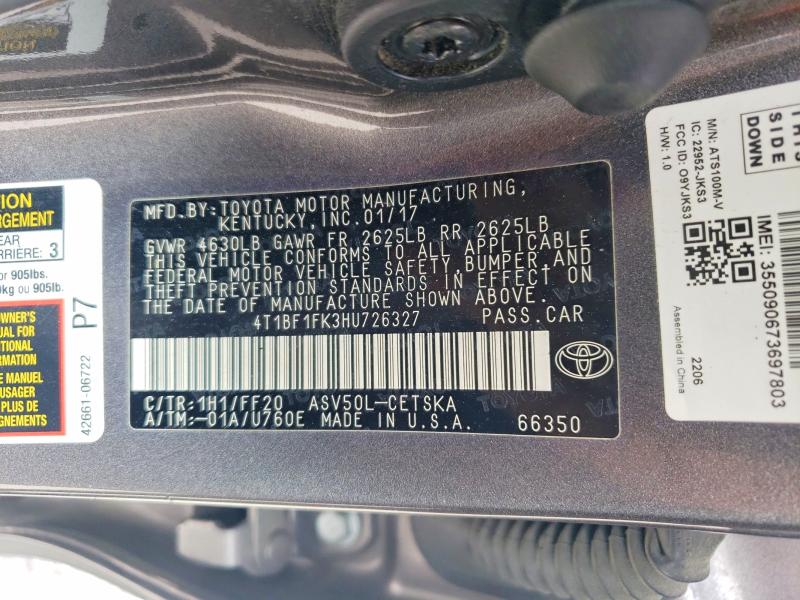 47806096 :رقم المزاد ، 4T1BF1FK3HU726327 vin ، 2017 Toyota Camry مزاد بيع