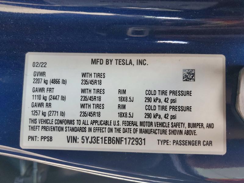 Aukcja sprzedaży 2022 Tesla Model 3, vin: 5YJ3E1EB6NF172931, numer aukcji: 51194016