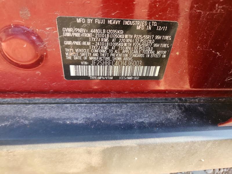 50927456 :رقم المزاد ، JF2SHBEC4CH436003 vin ، 2012 Subaru Forester مزاد بيع