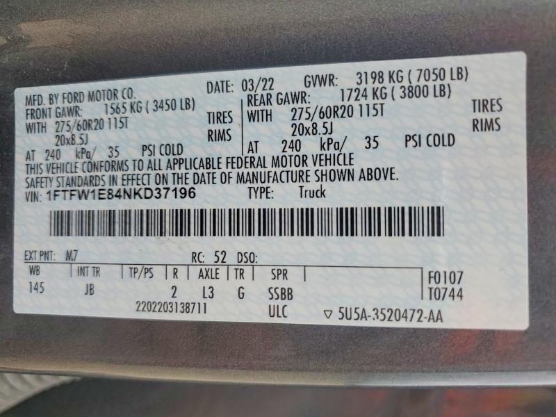 Aukcja sprzedaży 2022 Ford F150, vin: 1FTFW1E84NKD37196, numer aukcji: 50059346