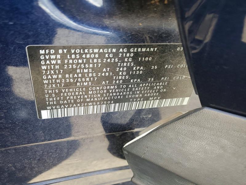 2015 Volkswagen Tiguan მანქანა იყიდება აუქციონზე, vin: WVGAV7AX2FW597504, აუქციონის ნომერი: 51684636