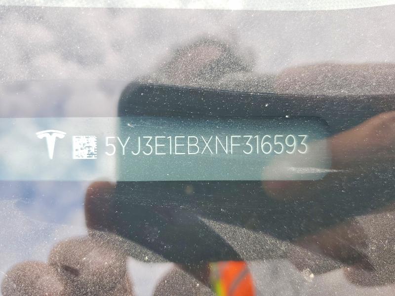 2022 Tesla Model 3 მანქანა იყიდება აუქციონზე, vin: 5YJ3E1EBXNF316593, აუქციონის ნომერი: 48853366