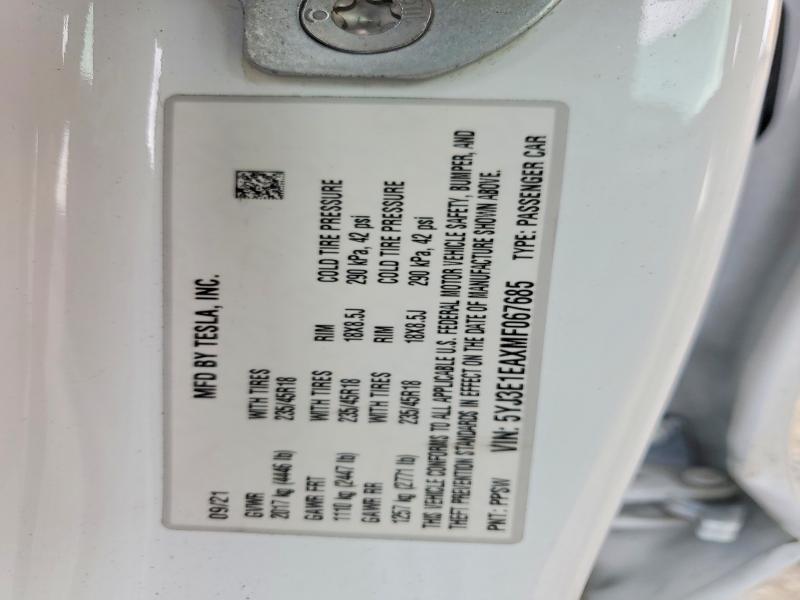 Продажа на аукционе авто 2021 Tesla Model 3, vin: 5YJ3E1EAXMF067685, номер лота: 51857776