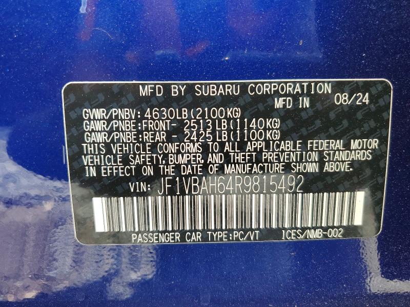 51857826 :رقم المزاد ، JF1VBAH64R9815492 vin ، 2024 Subaru Wrx مزاد بيع