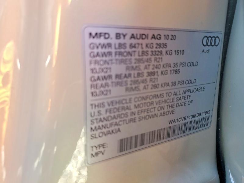 2021 Audi Q8 მანქანა იყიდება აუქციონზე, vin: WA1CVBF13MD011092, აუქციონის ნომერი: 50413066