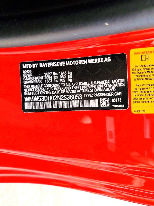 Aukcja sprzedaży 2022 Mini Cooper, vin: WMW53DH02N2S36053, numer aukcji: 51355686