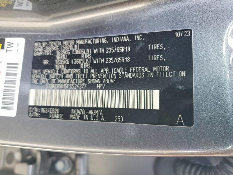 Aukcja sprzedaży 2023 Toyota Highlander, vin: 5TDKDRAH6PS524377, numer aukcji: 50831186