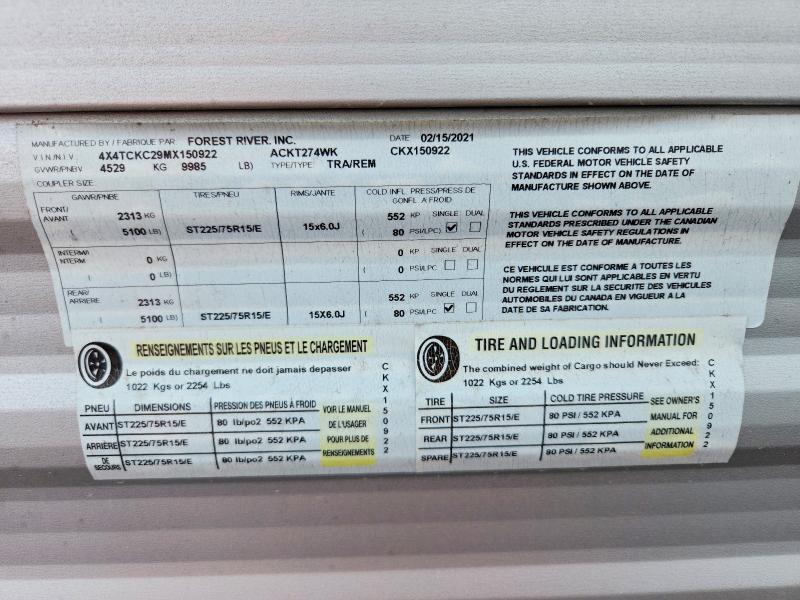 Продаж на аукціоні авто 2021 Forest River Cherokee Forest River Cheroke, vin: 4X4TCKC29MX150922, номер лоту: 50076836