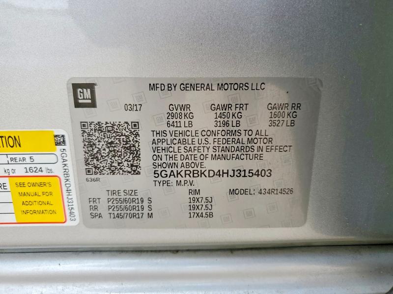 49424856 :رقم المزاد ، 5GAKRBKD4HJ315403 vin ، 2017 Buick Enclave مزاد بيع