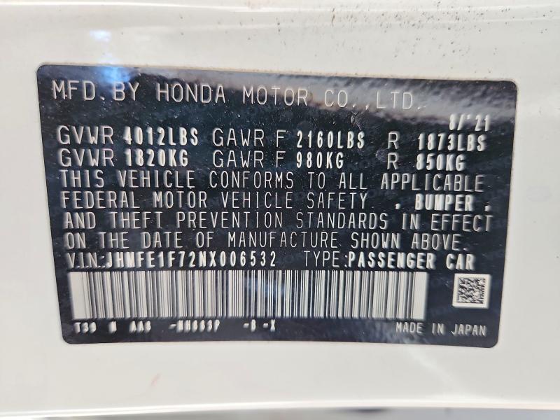 Продажа на аукционе авто 2022 Honda Civic, vin: JHMFE1F72NX006532, номер лота: 51382856