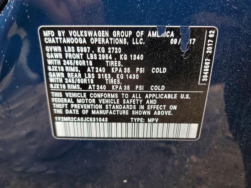 Продажа на аукционе авто 2018 Volkswagen Atlas, vin: 1V2MR2CA0JC531043, номер лота: 51811936