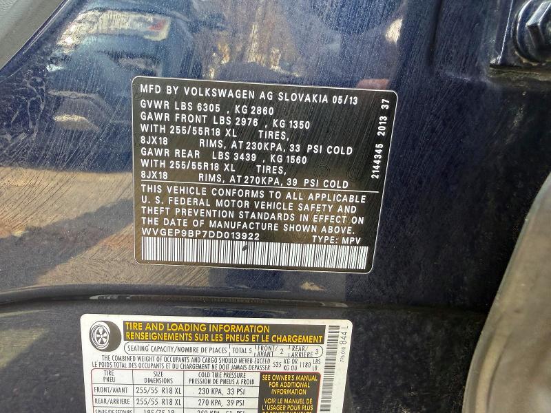 51937706 :رقم المزاد ، WVGEP9BP7DD013922 vin ، 2013 Volkswagen Touareg مزاد بيع