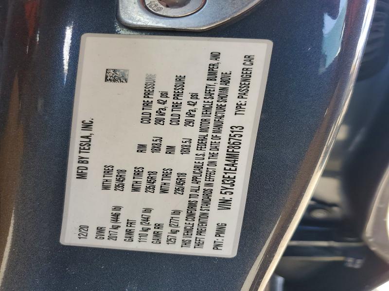 49828786 :رقم المزاد ، 5YJ3E1EA4MF867513 vin ، 2021 Tesla Model 3 مزاد بيع