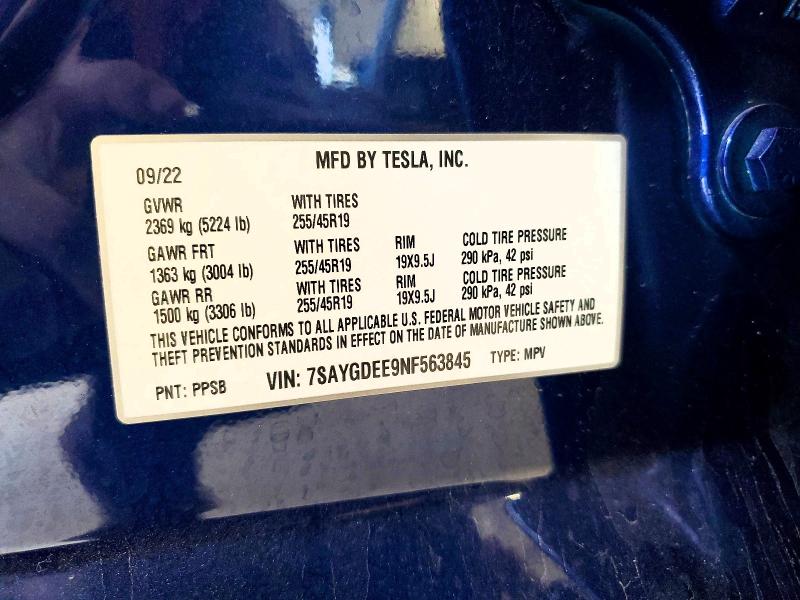 Продажа на аукционе авто 2022 Tesla Model Y, vin: 7SAYGDEE9NF563845, номер лота: 49521316