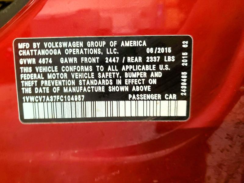 Aukcja sprzedaży 2015 Volkswagen Passat, vin: 1VWCV7A37FC104957, numer aukcji: 49315736