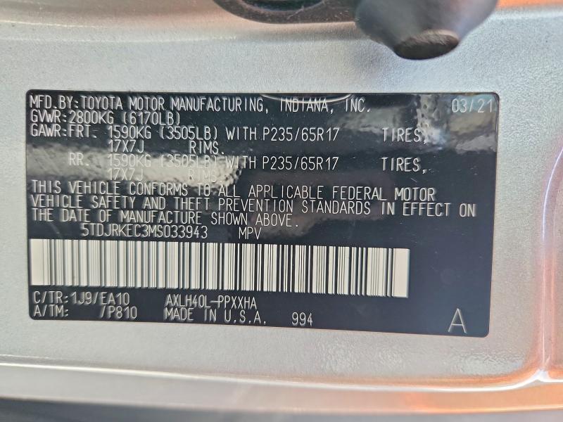 Aukcja sprzedaży 2021 Toyota Sienna, vin: 5TDJRKEC3MS033943, numer aukcji: 50958346