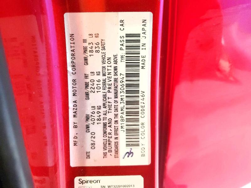 2021 Mazda 3 მანქანა იყიდება აუქციონზე, vin: JM1BPAML3M1306947, აუქციონის ნომერი: 49541016
