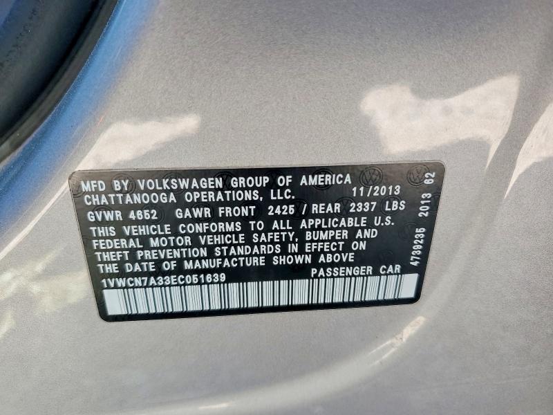 Aukcja sprzedaży 2014 Volkswagen Passat, vin: 1VWCN7A33EC051639, numer aukcji: 49088236