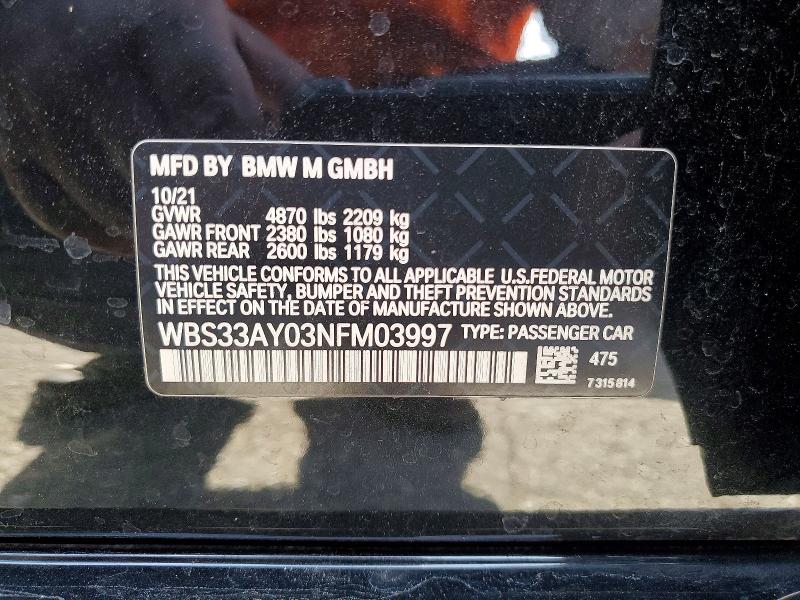 51110206 :رقم المزاد ، WBS33AY03NFM03997 vin ، 2022 Bmw M3 مزاد بيع