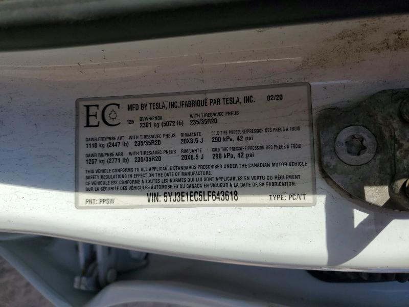 50247596 :رقم المزاد ، 5YJ3E1EC5LF643618 vin ، 2020 Tesla Model 3 مزاد بيع