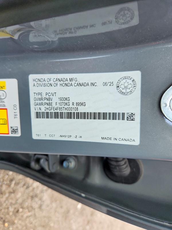 2026 Honda Civic მანქანა იყიდება აუქციონზე, vin: 2HGFE4F85TH000108, აუქციონის ნომერი: 49217196