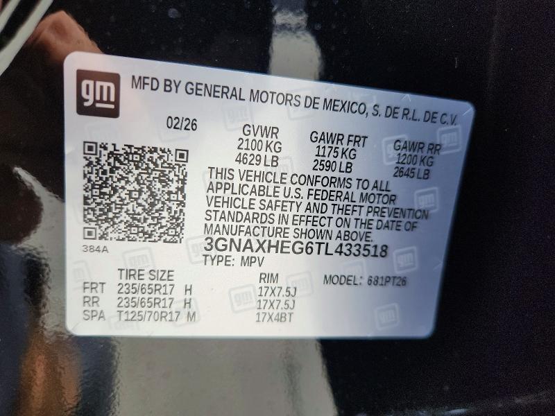 2026 Chevrolet Equinox მანქანა იყიდება აუქციონზე, vin: 3GNAXHEG6TL433518, აუქციონის ნომერი: 51252476