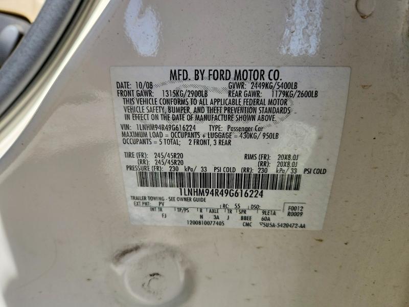 50897176 :رقم المزاد ، 1LNHM94R49G616224 vin ، 2009 Lincoln Townhouse Mks مزاد بيع