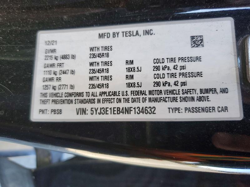 48698576 :رقم المزاد ، 5YJ3E1EB4NF134632 vin ، 2022 Tesla Model 3 مزاد بيع