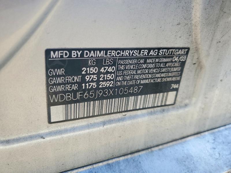 Продажа на аукционе авто 2003 Mercedes-benz E, vin: WDBUF65J93X105487, номер лота: 50110116