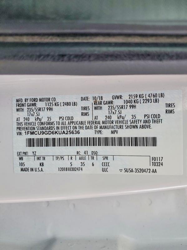 Продажа на аукционе авто 2019 Ford Escape, vin: 1FMCU9GD6KUA25636, номер лота: 49624366