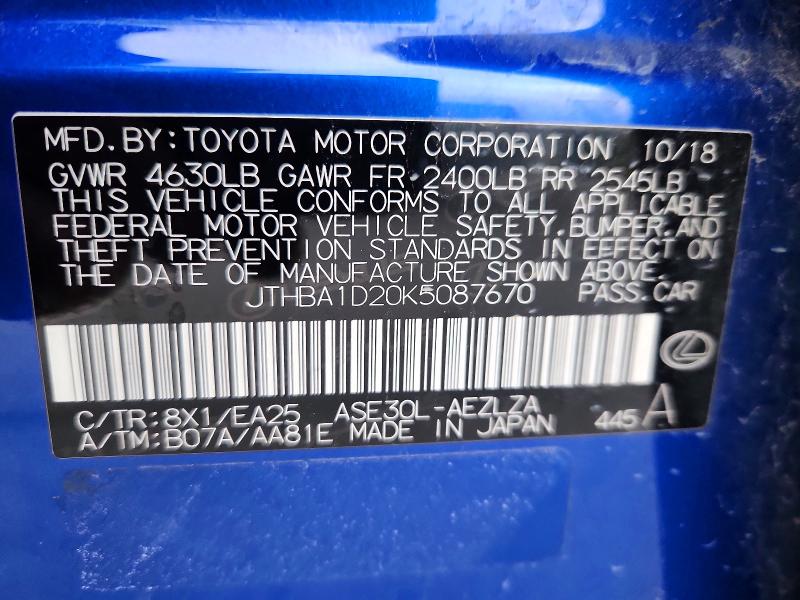 Aukcja sprzedaży 2019 Lexus Is, vin: JTHBA1D20K5087670, numer aukcji: 51022076