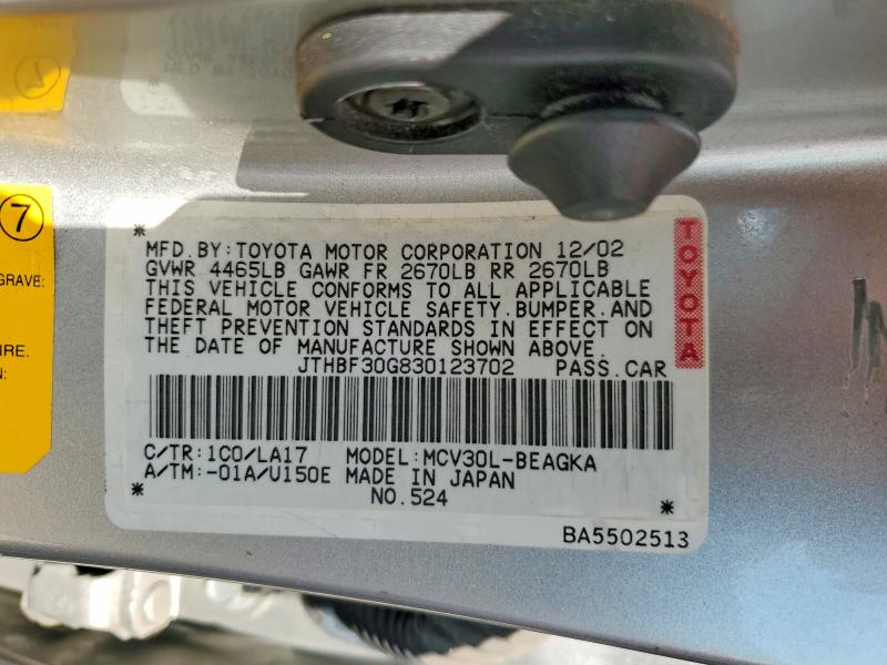 Aukcja sprzedaży 2003 Lexus Es 300, vin: JTHBF30G830123702, numer aukcji: 50530106